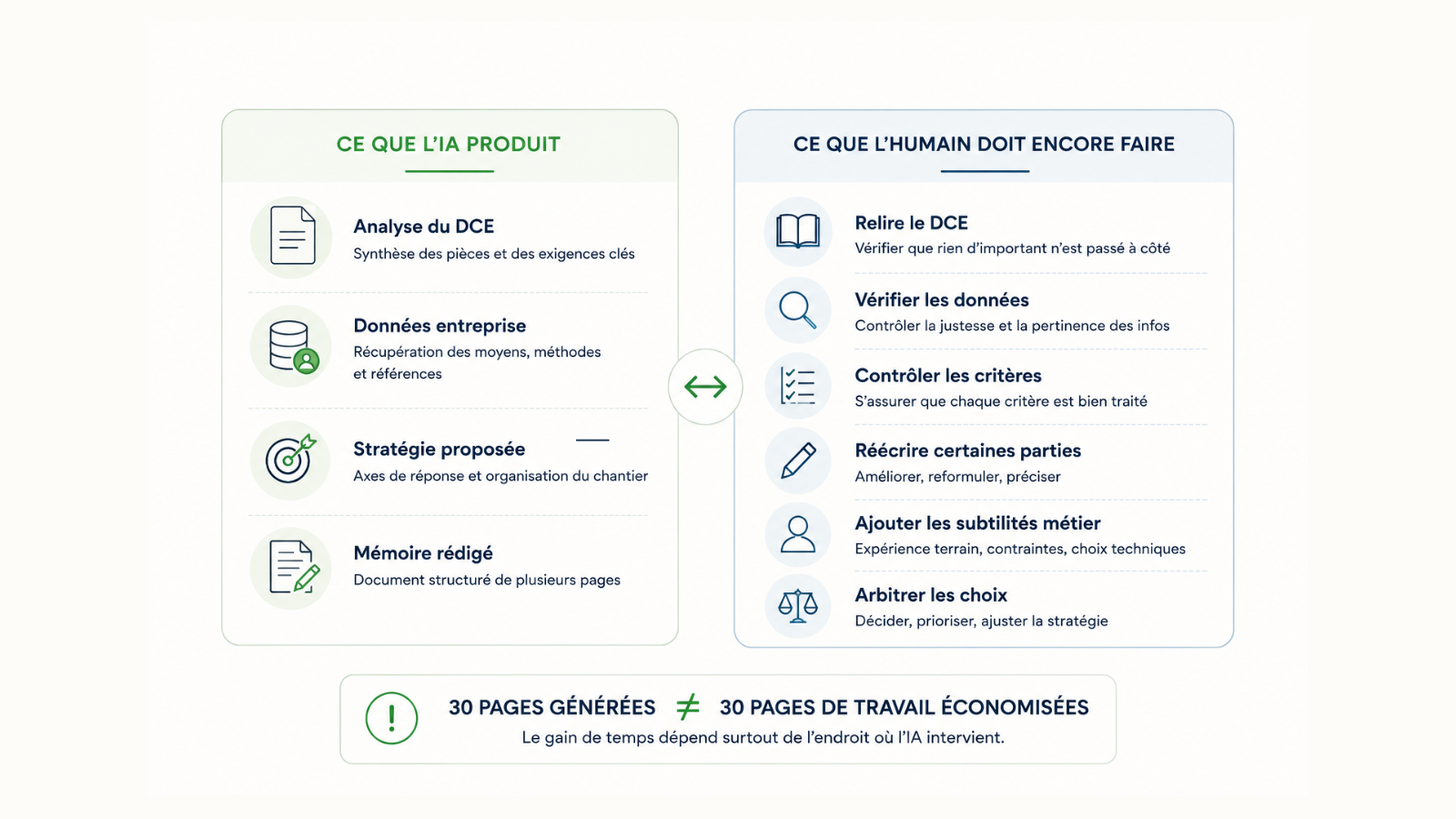 Schéma comparant ce que l'IA produit pour un mémoire technique, comme l'analyse du DCE, les données entreprise, la stratégie proposée et le mémoire rédigé, avec ce que l'humain doit encore vérifier, réécrire, compléter et arbitrer