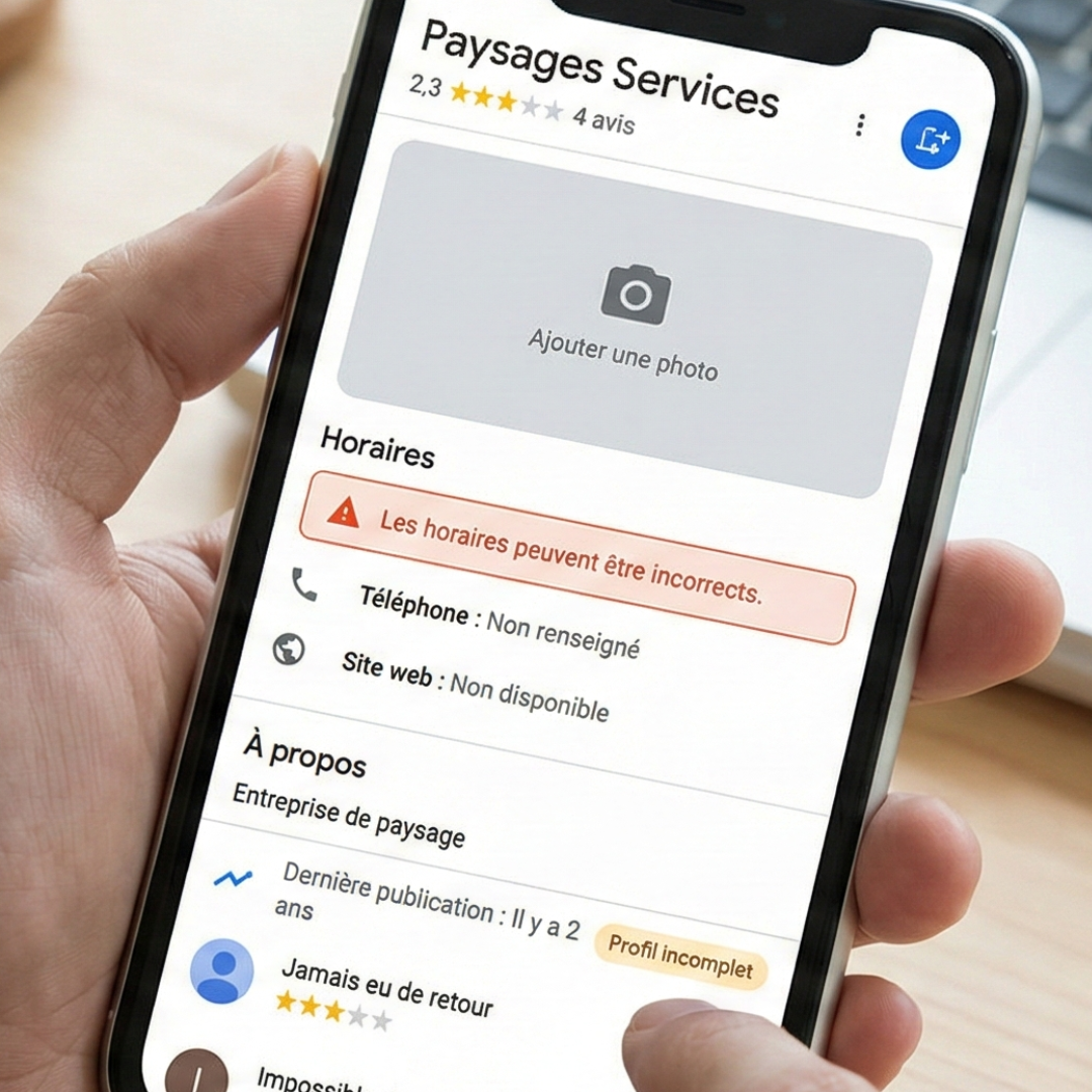 Exemple de fiche Google Business Profile incomplete pour une entreprise de paysage